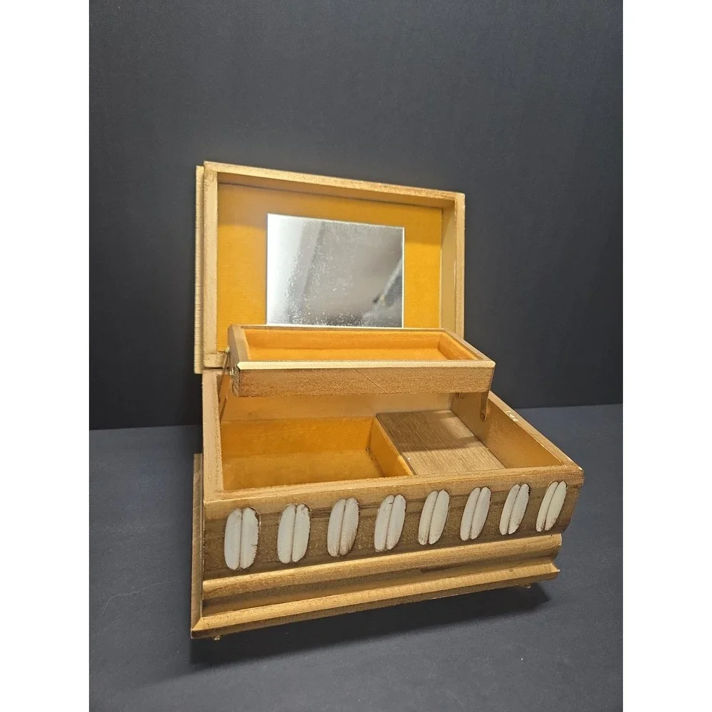 Vintage Japan Music Jewelry Box Gold Romantic Scene Mirror TOYO Love Story Them